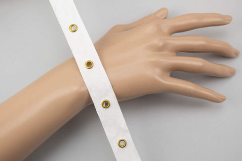 White Grommet Tape with Gold Eyelet Cotton Twill Tape on Trim 5 yards ATN00940